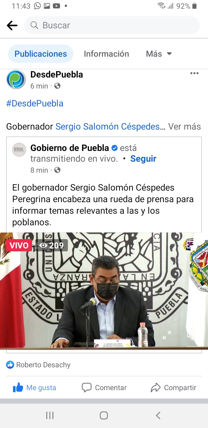 Cubrebocas ya no será obligatorio en Puebla, informa el gobernador Sergio Salomón Céspedes Peregrina