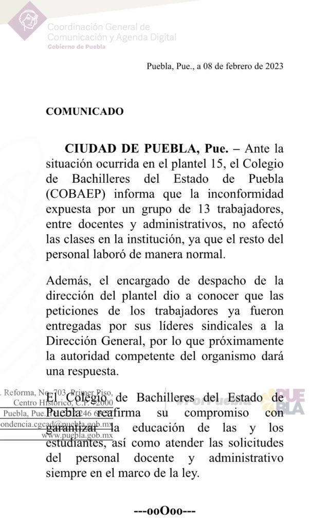 Manifestación de docentes en el Cobaep no afectó las clases, informó el gobierno de Puebla  
