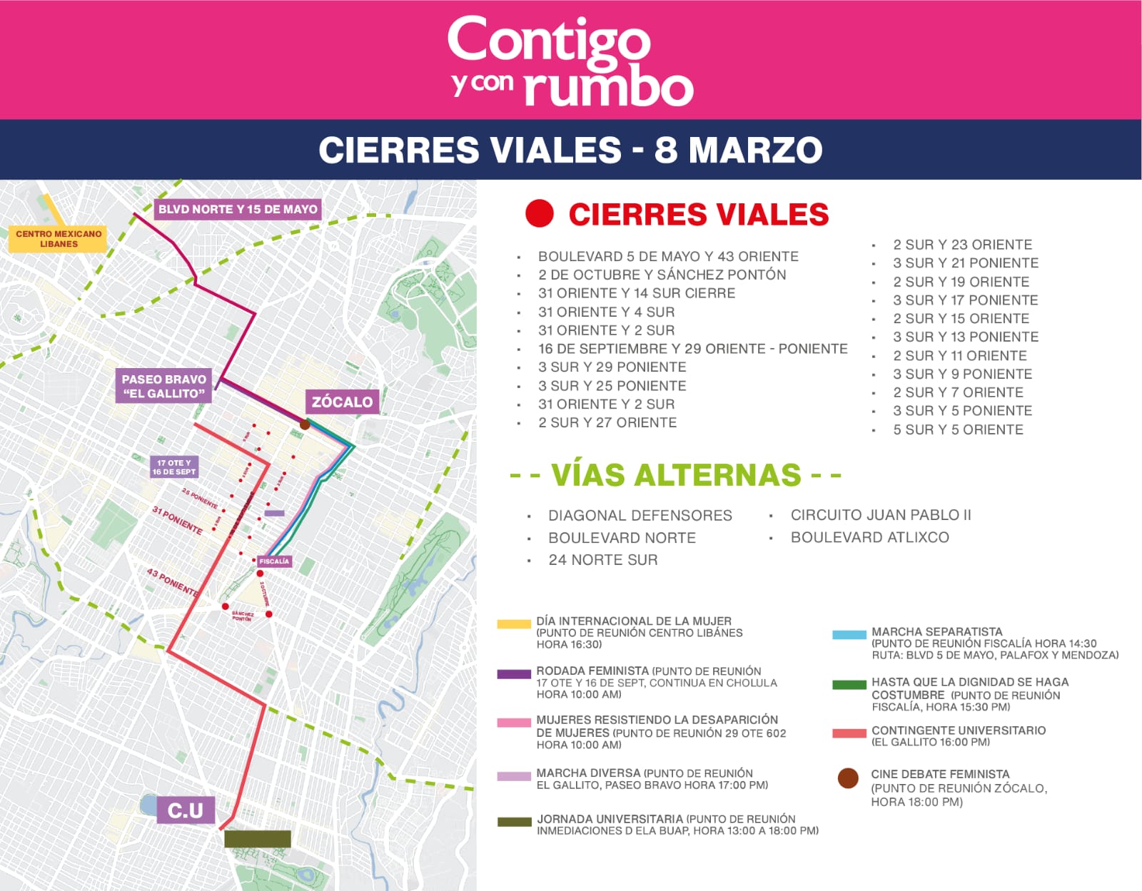 ¡TÓMALO EN CUENTA! hoy habrá muchos cierres de circulación por marchas del 8M