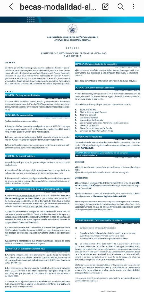 A partir de hoy y hasta el 7 de marzo se abre convocatoria para beca alimenticia BUAP
