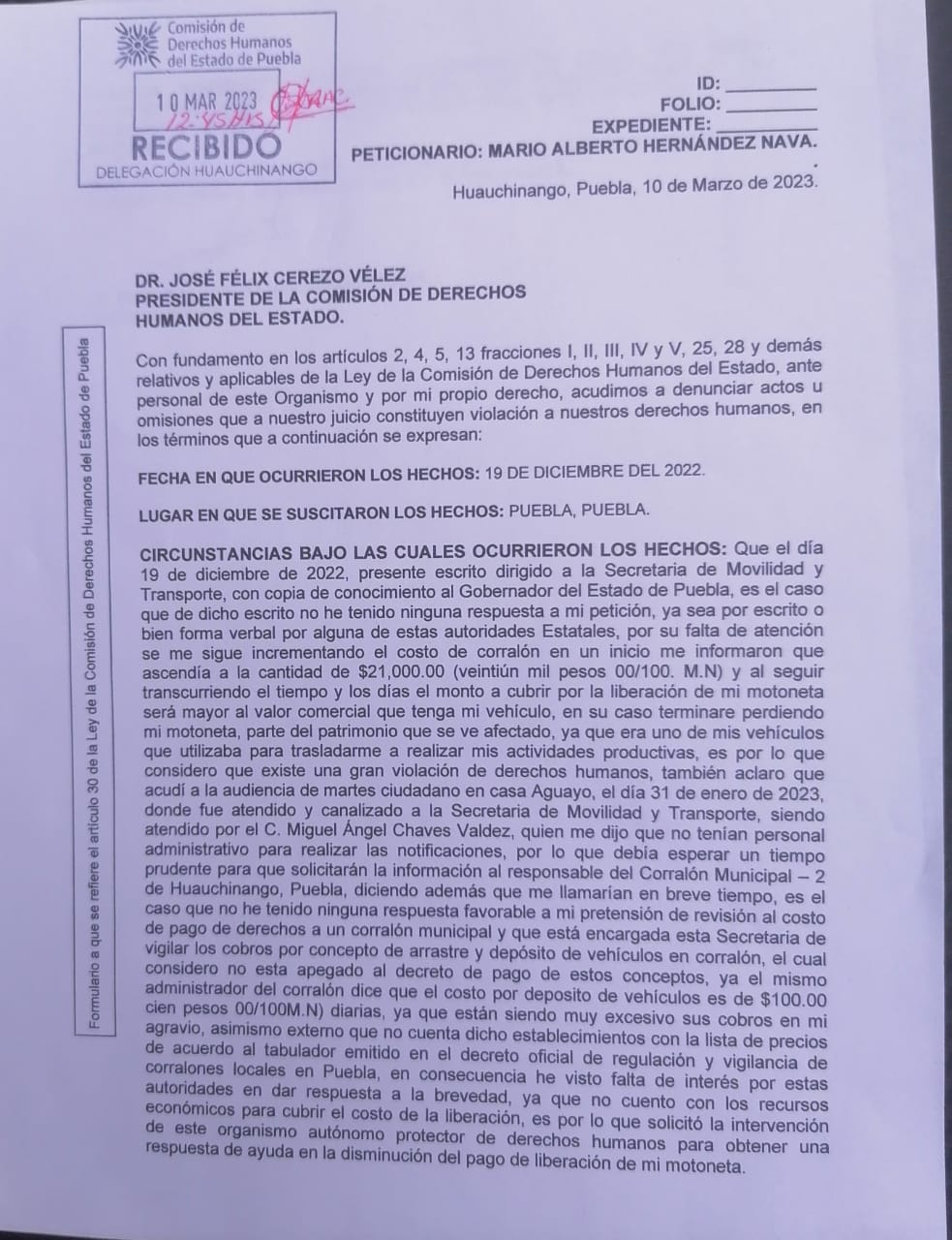 Nueva queja ante la CEDH contra la dirección de Tránsito y Vialidad de Huauchinango