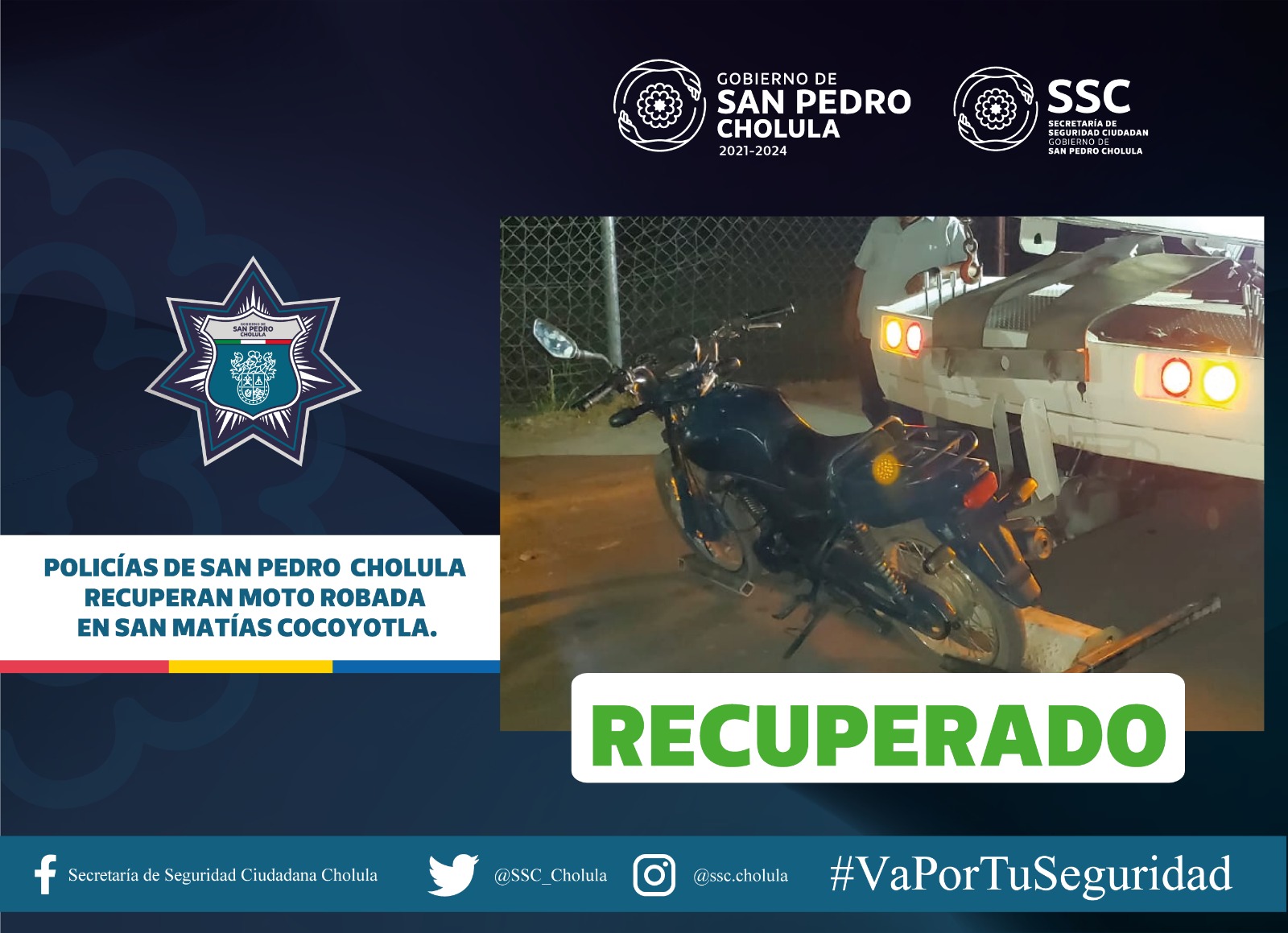 Recuperan motocicleta robada en San Pedro Cholula