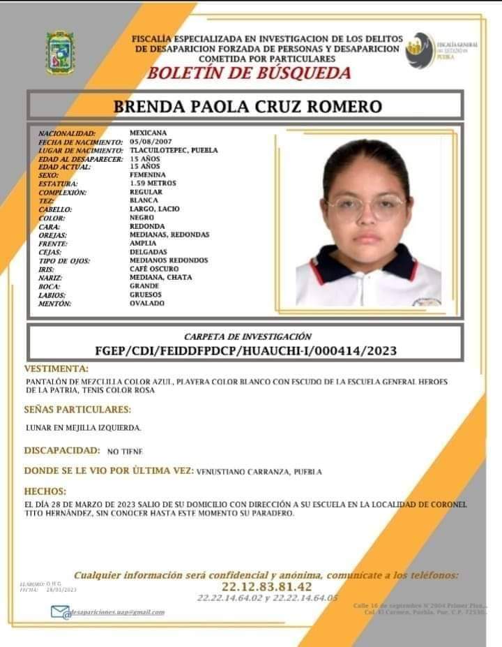Alerta Amber: Buscan a jovencita de 16 años en Venustiano Carranza, Puebla