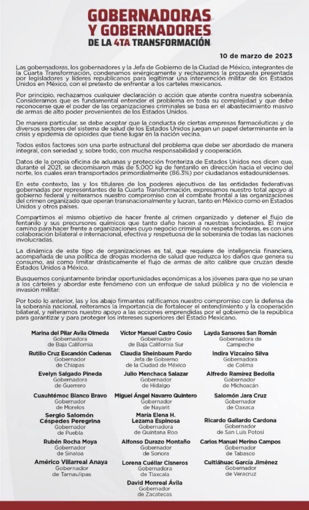 Se une Sergio Salomón Céspedes al desplegado contra la propuesta de intervención militar de EU a México