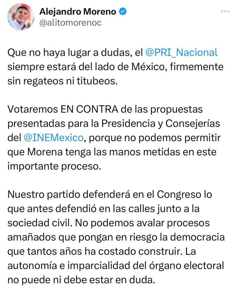 PRI votará en contra de propuestas a consejerías y presidencia del INE: Alejandro Moreno