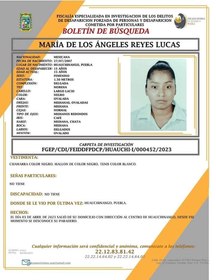 Reportan desaparición de niña de 15 años en Huauchinango