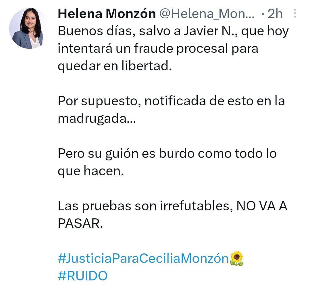 Javier N busca cometer fraude procesal por el caso Monzón, acusa Helena