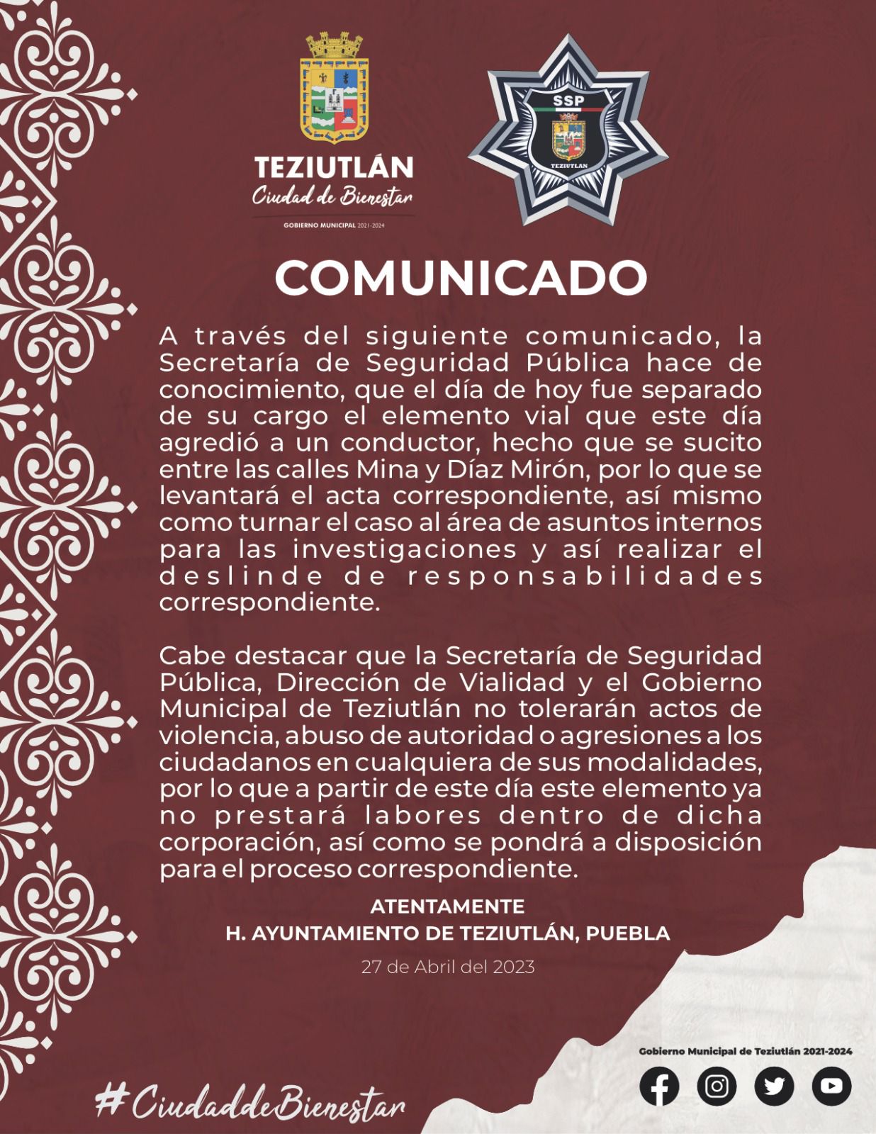 Desde Teziutlán: Carlos Peredo separa del cargo a policía que agredió a ciudadano
