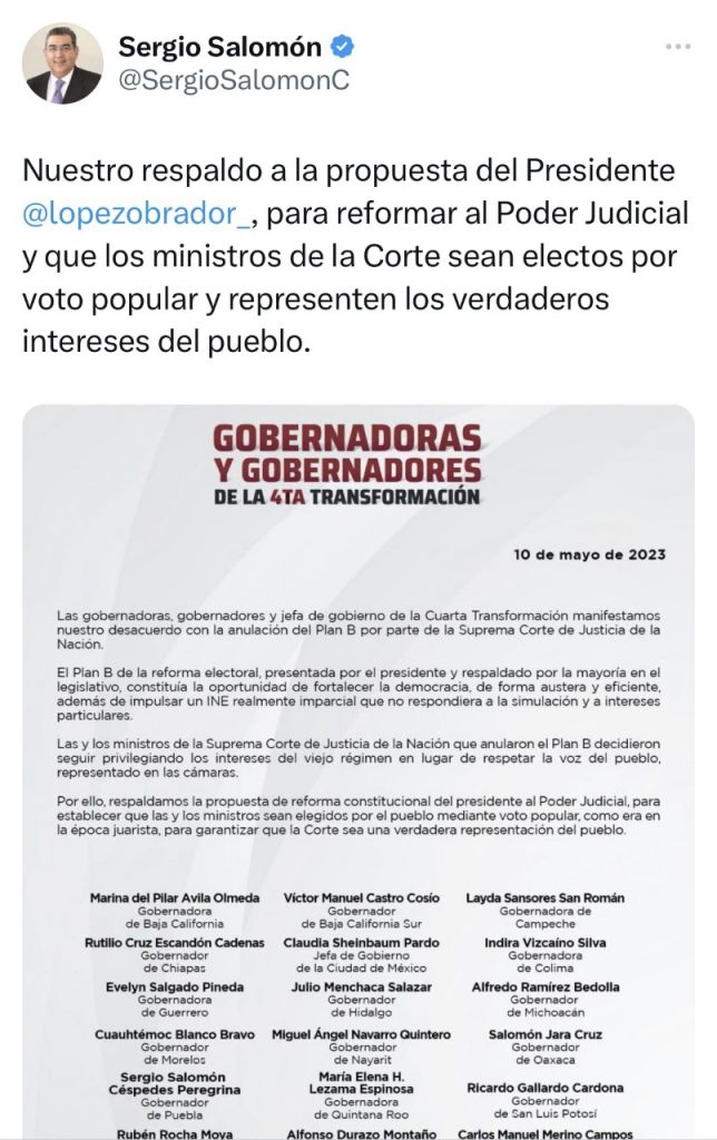 Sergio Salomón Céspedes respaldó a AMLO para reformar el Poder Judicial