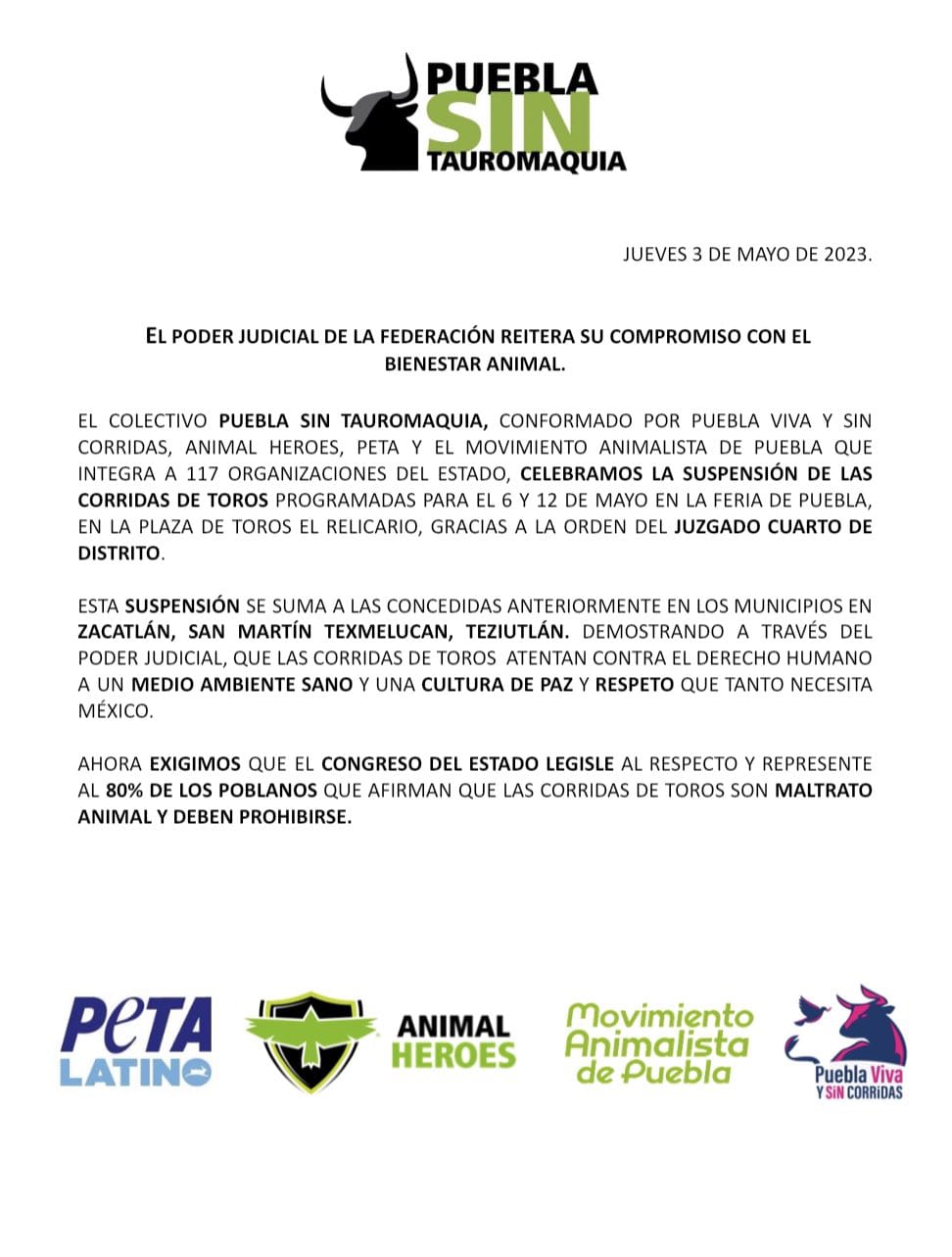 Celebra Colectivo Puebla Sin Tauromaquia suspensión de corridas de toros en la feria