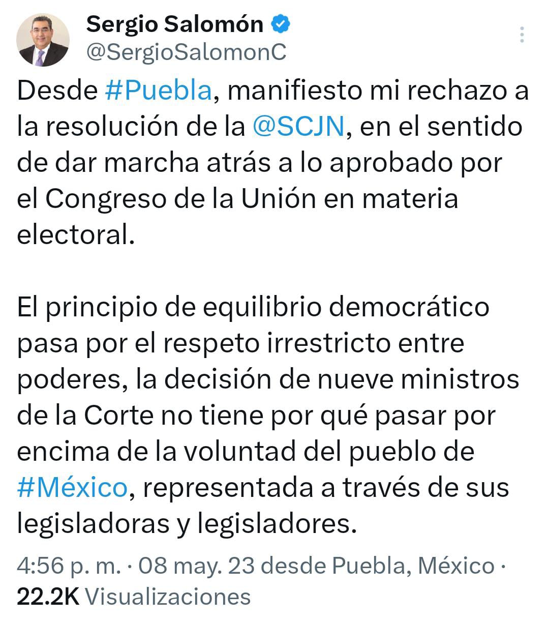 Sergio Salomón Céspedes rechazó resolución de la SCJN sobre el plan b de la reforma electoral
