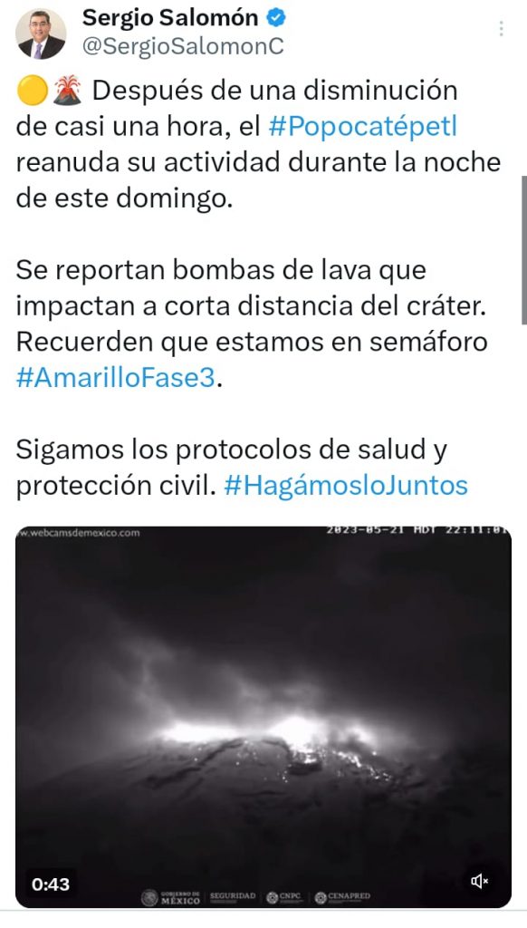 Luego de una hora de descenso, el Popocatépetl regresó con bombas de lava, informó Sergio Salomón Céspedes