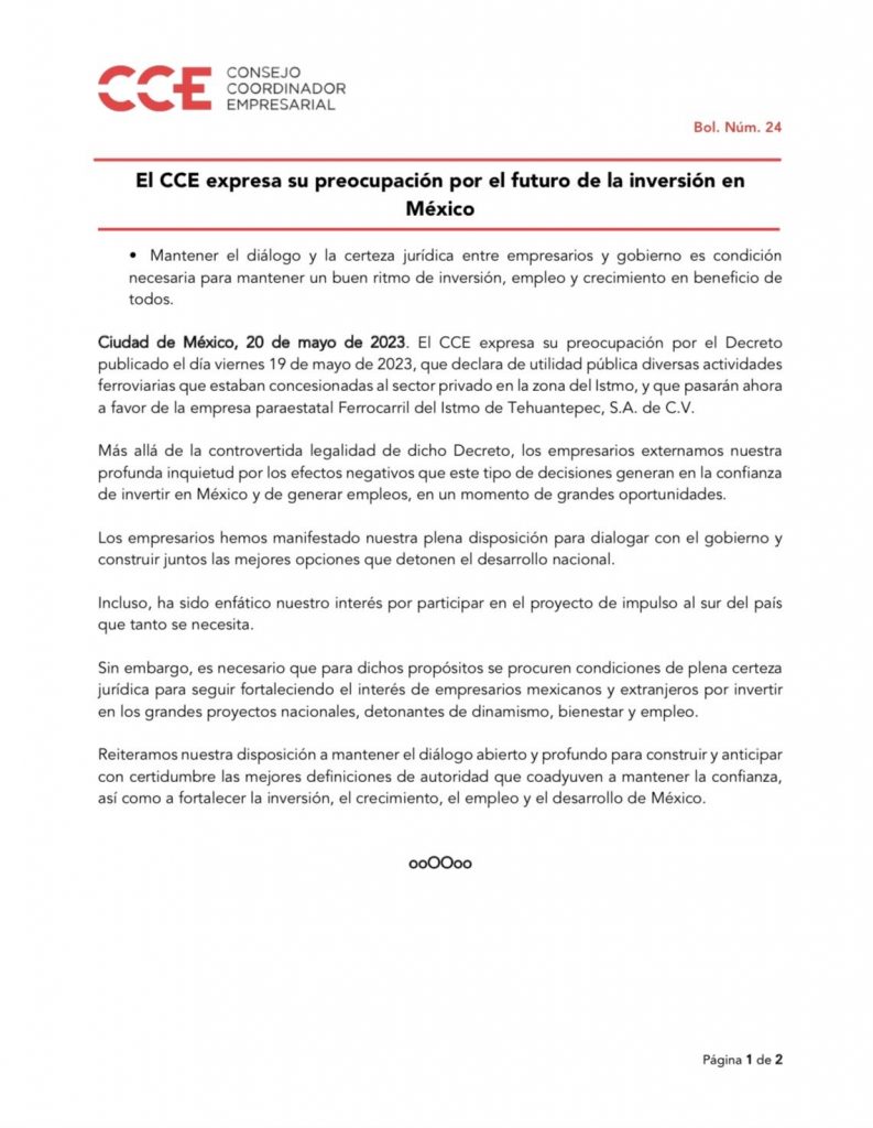 Pide CCE diálogo y certeza jurídica al gobierno de México 