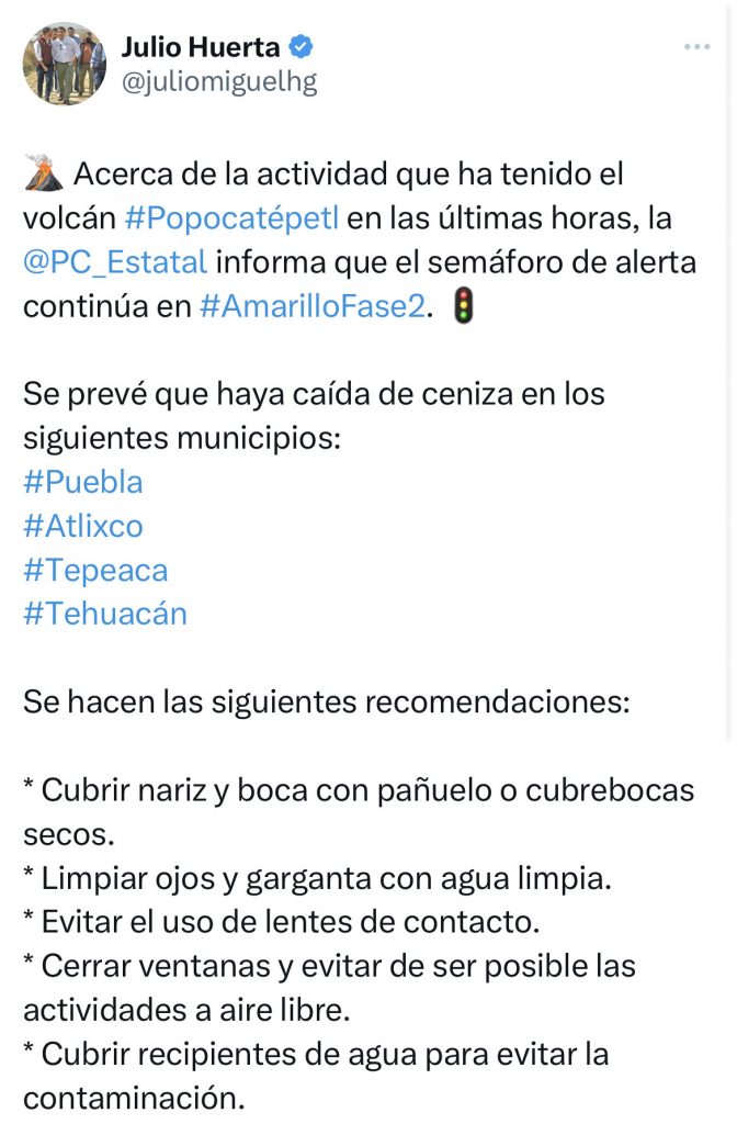 En cuatro municipios de Puebla se espera caída de ceniza: Julio Huerta