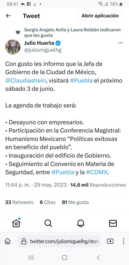 Claudia Sheinbaum estará en Puebla el próximo 3 de junio: Julio Huerta