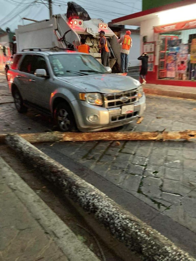 Vientos y lluvia derriban ramas sobre una camioneta en Huauchinango