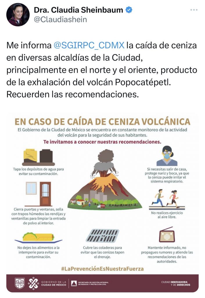 Claudia Sheinbaum pide tomar precauciones ante la tiznada del Popocatépetl a la CdMéx