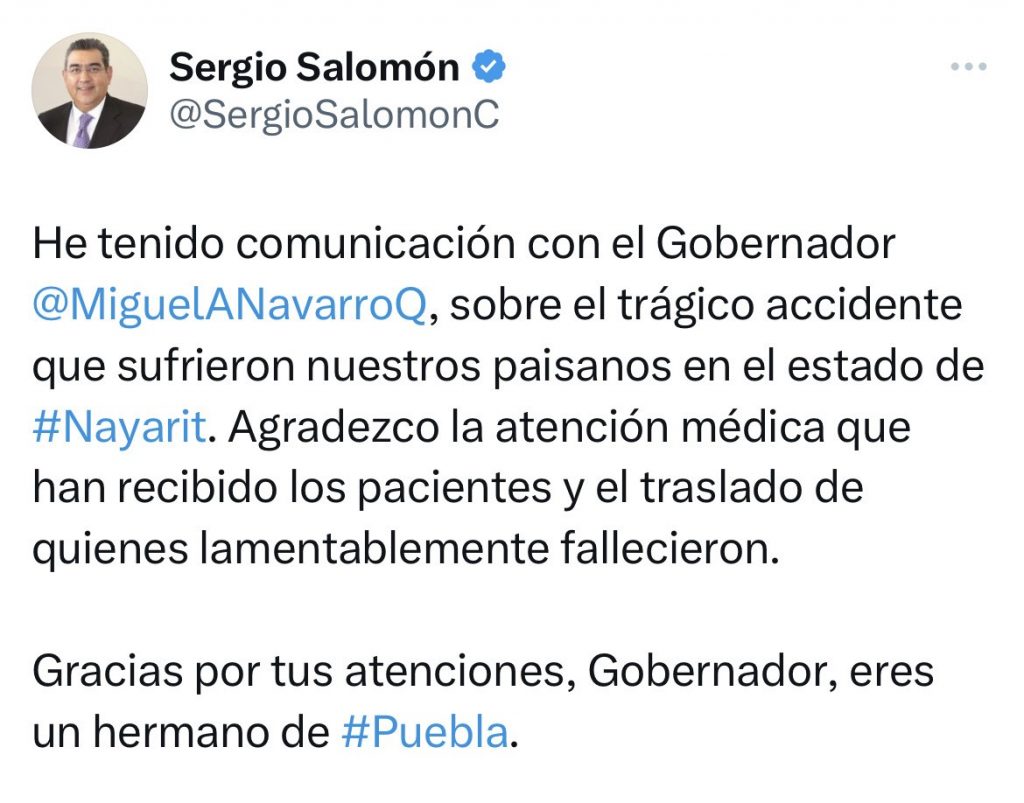 Agradece Sergio Salomón a gobernador de Nayarit traslado de poblanos fallecidos