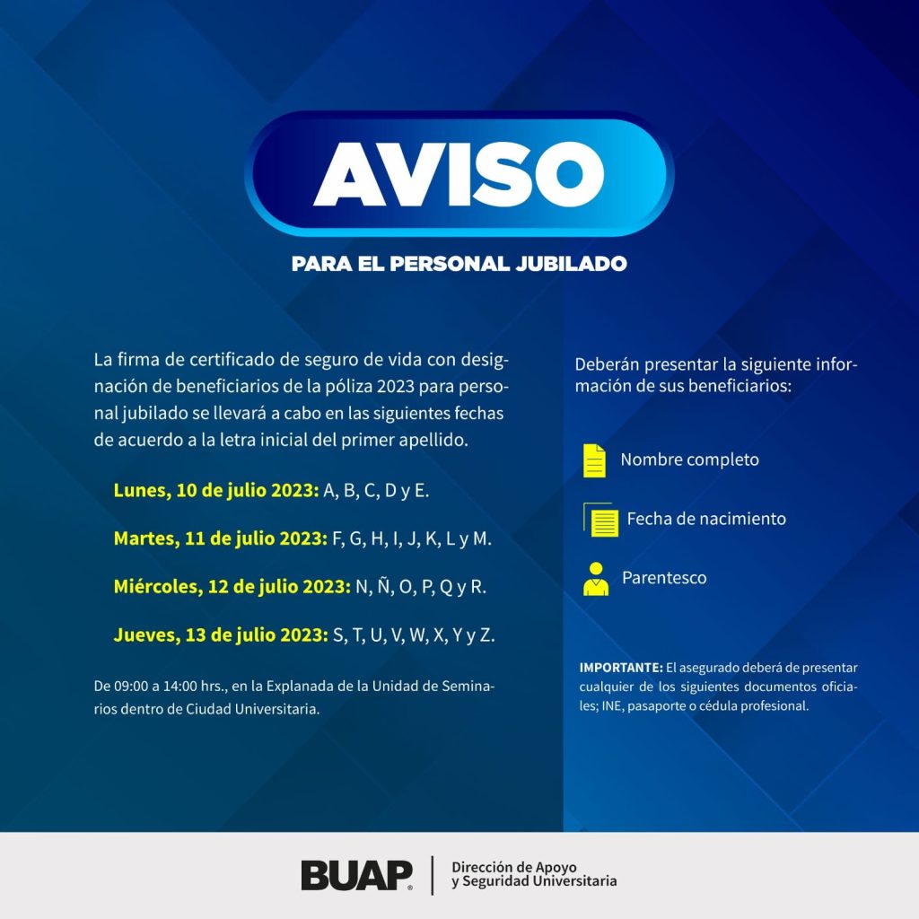 BUAP informa fechas de certificado de seguro de vida para personal jubilado