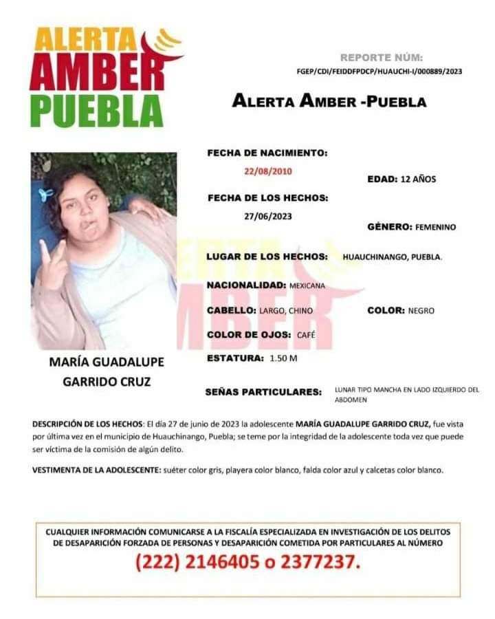 Alerta Amber: Reportan desaparición de niña de 12 años en Huauchinango