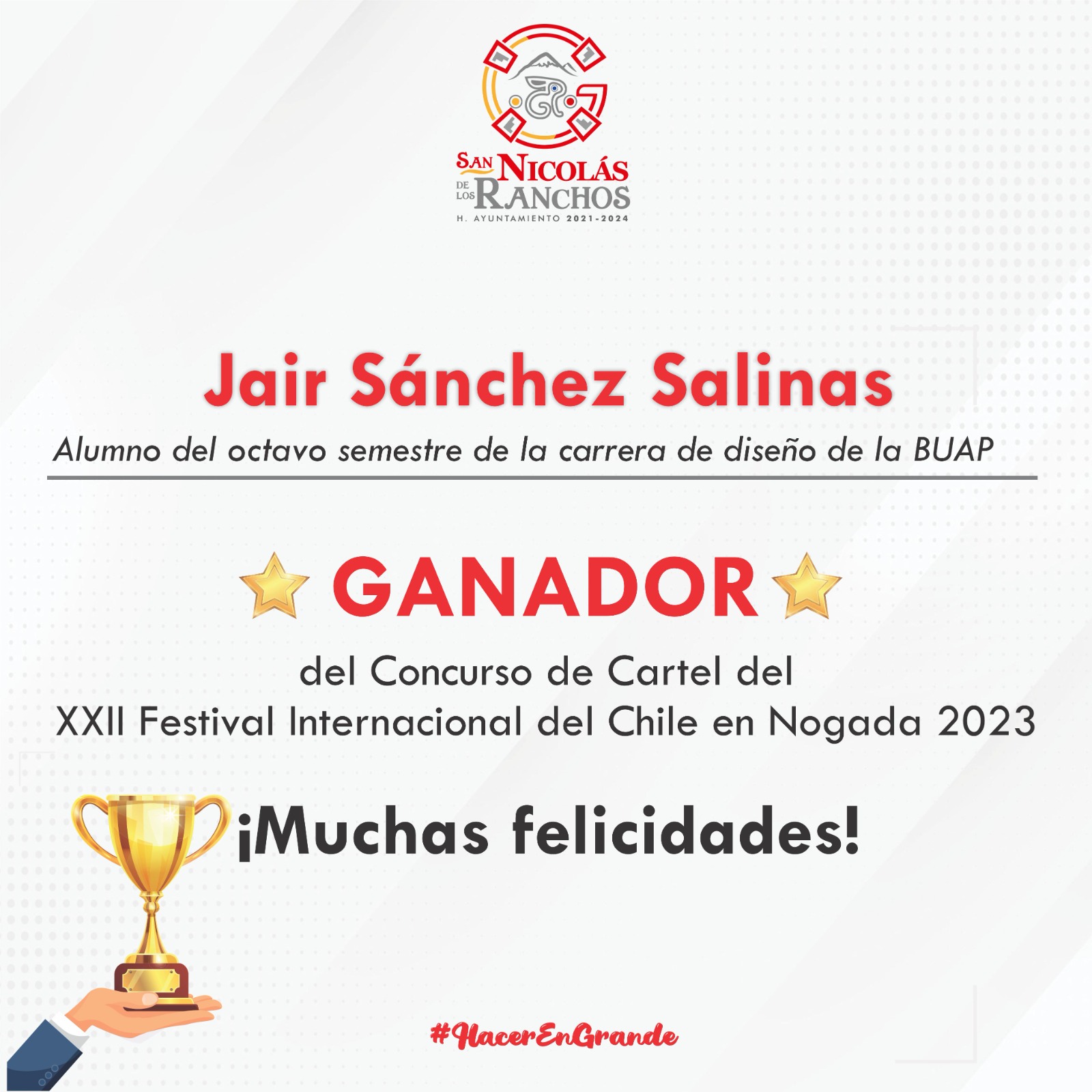Gobierno de San Nicolás de los Ranchos anuncia al ganador del concurso del Cartel XXII Festival internacional de Chile en Nogada