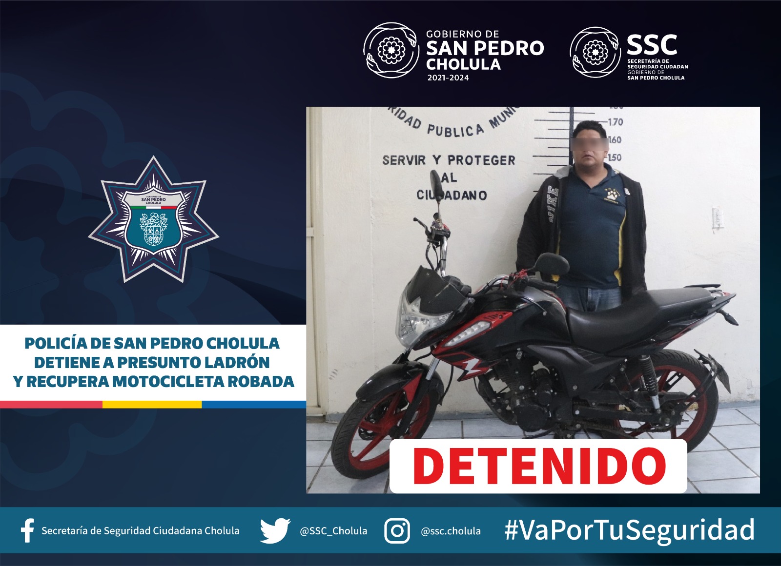 Detenido por robar motocicleta en San Pedro Cholula