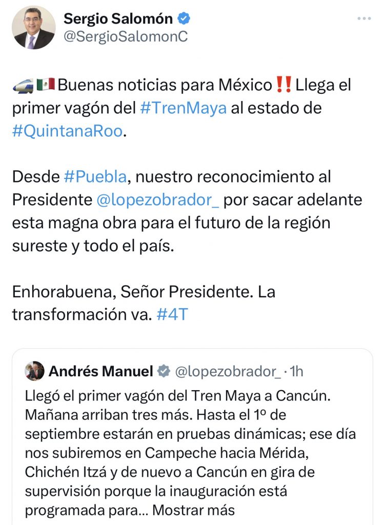 Reconoce Sergio Salomón a AMLO por Tren Maya 