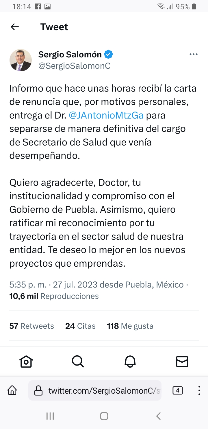 Sergio Salomón Céspedes confirmó renuncia de José Antonio Martínez García a la secretaría de Salud