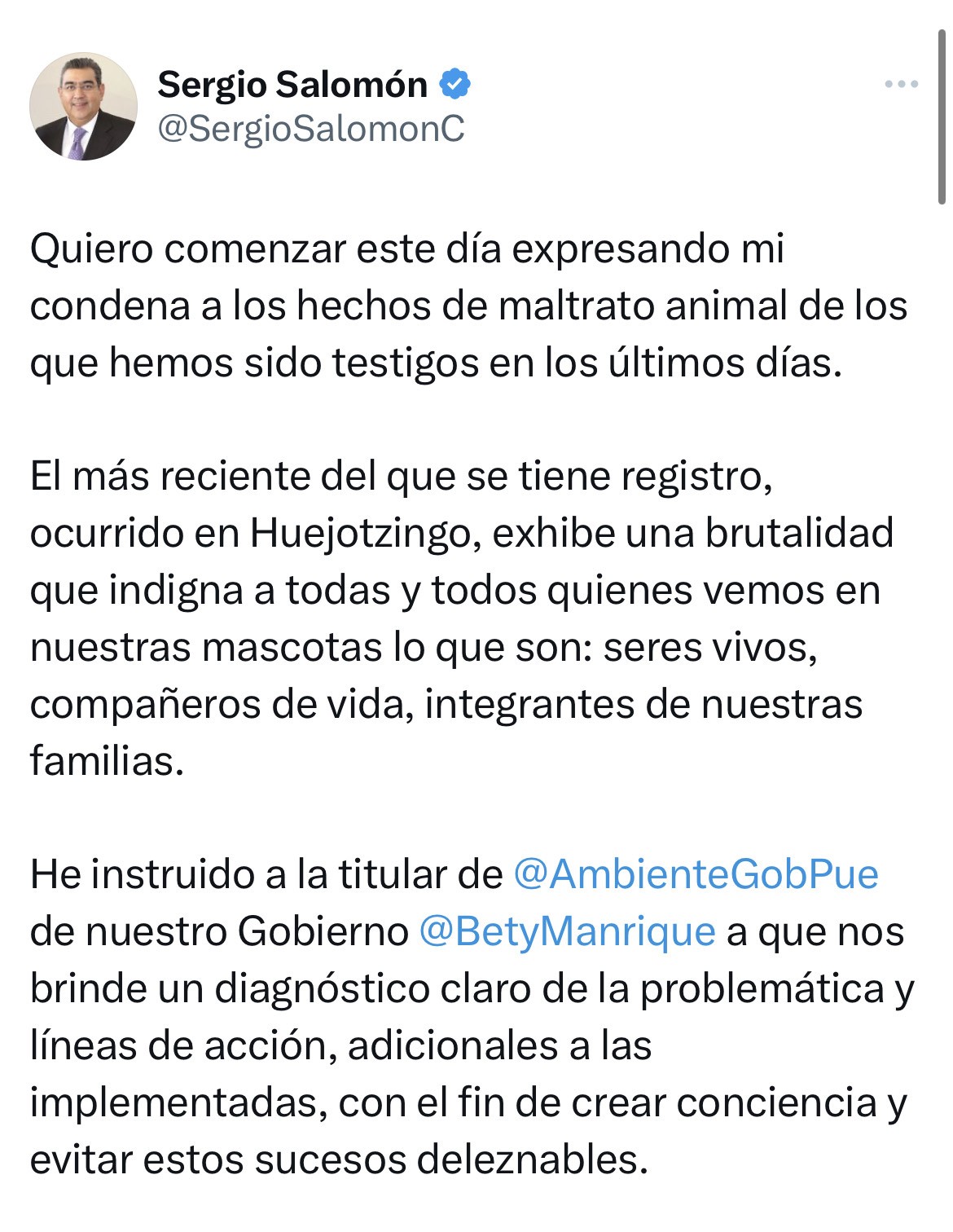 Sergio Salomón Céspedes condena maltrato animal; harán diagnóstico