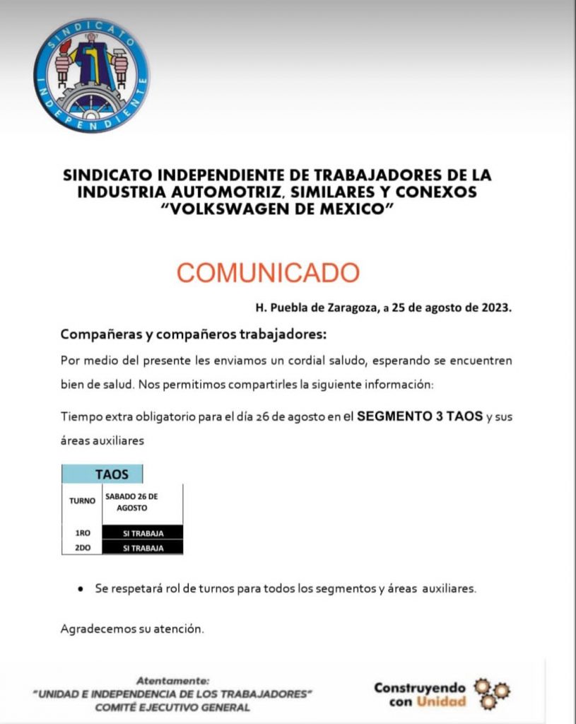 Sindicato VW informa tiempo extra para trabajadores el 26 de agosto