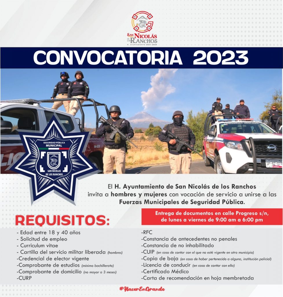 Ayuntamiento de San Nicolás de los Ranchos lanza convocatoria para Seguridad Pública