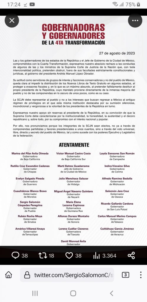 Sergio Salomón firma desplegado en apoyo a AMLO