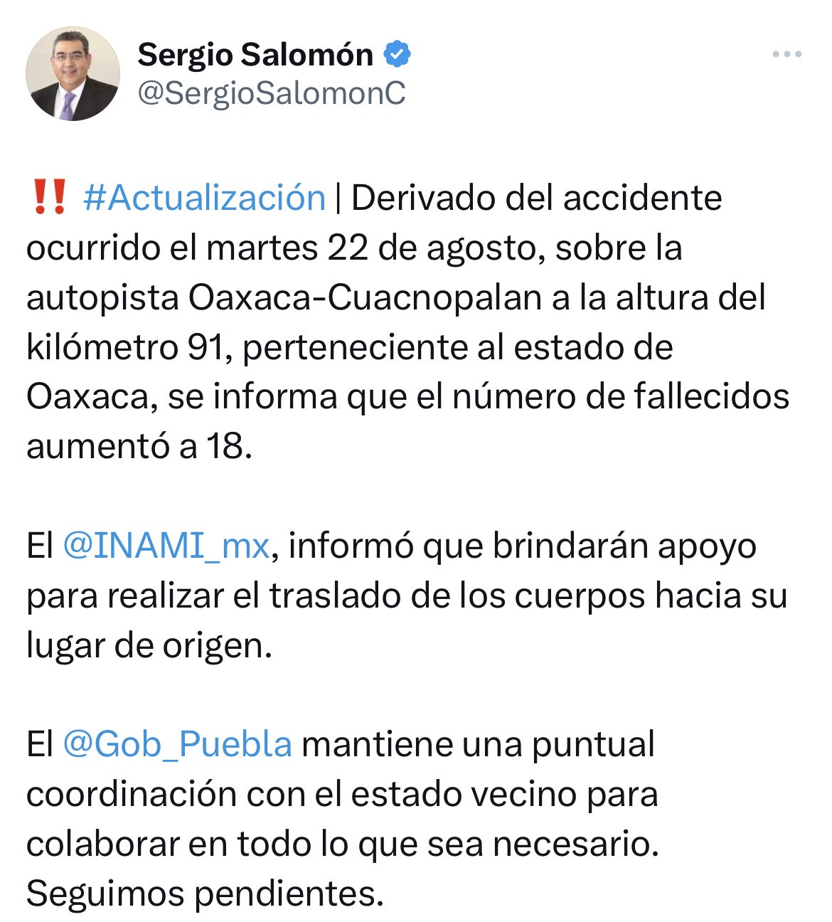 Ya son 18 fallecidos en el accidente sobre la autopista Oaxaca-Cuacnopalan, confirmó Sergio Salomón Céspedes