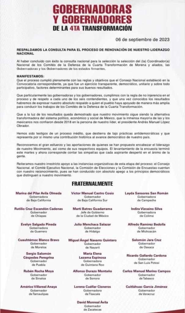 Sergio Salomón y gobernadores 4T avalan proceso interno de Morena