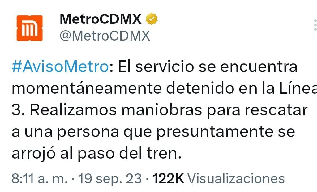 Por media hora suspenden servicio de la línea 3 del metro en la Ciudad de México