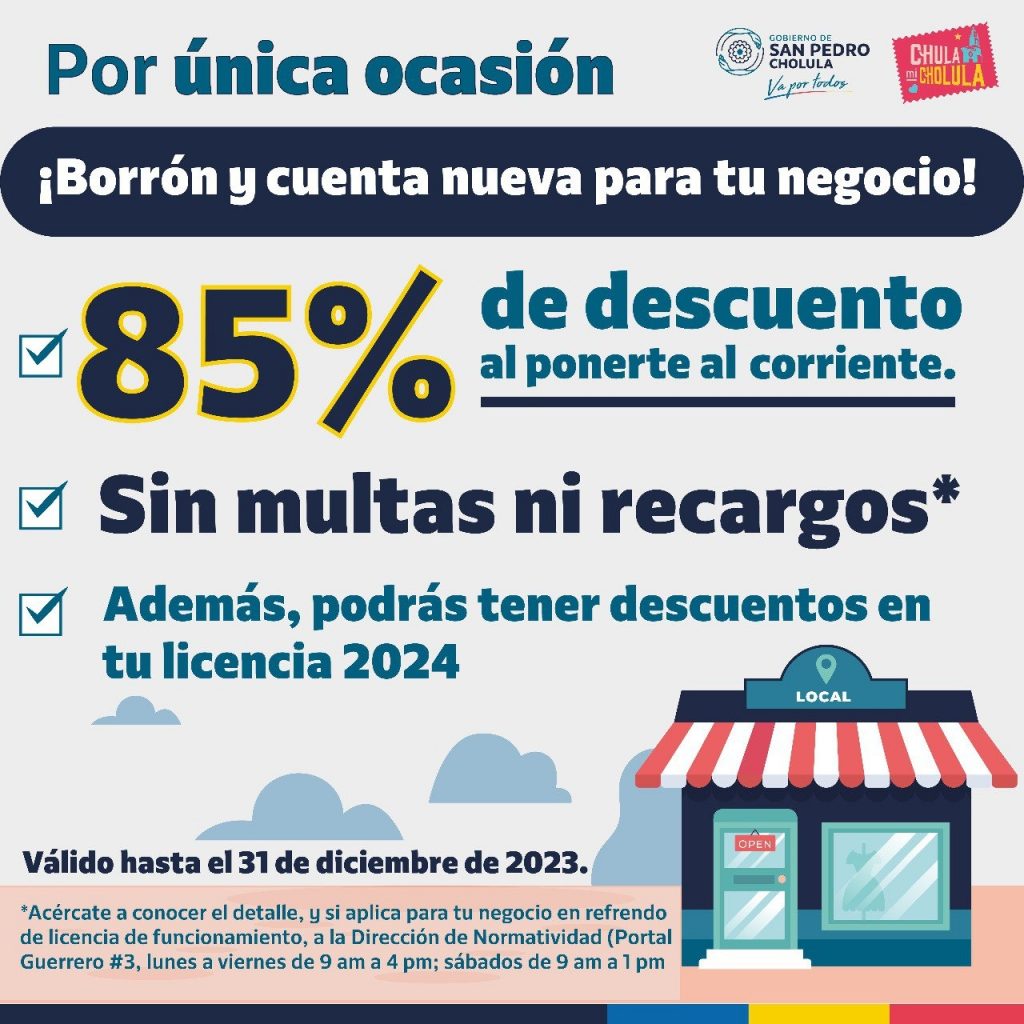 Por única ocasión: descuento de 85% en refrendo de comercios y de 100% en multas y recargos