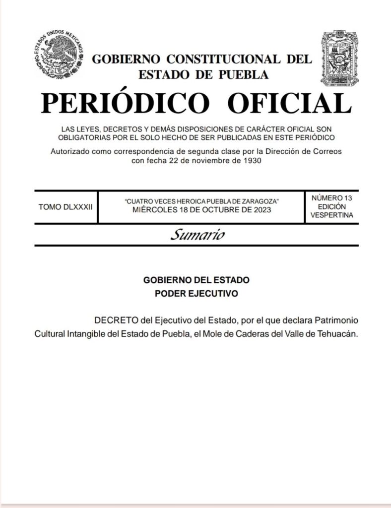 Gobierno de Puebla declaró el mole de caderas Patrimonio Cultural Intangible 