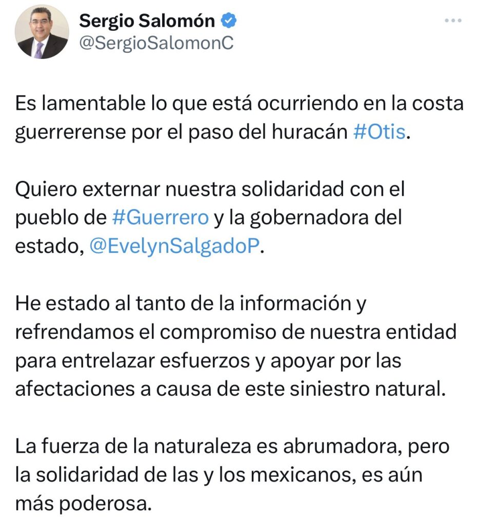 Ofrece Sergio Salomón apoyo a Guerrero ante huracán OTIS