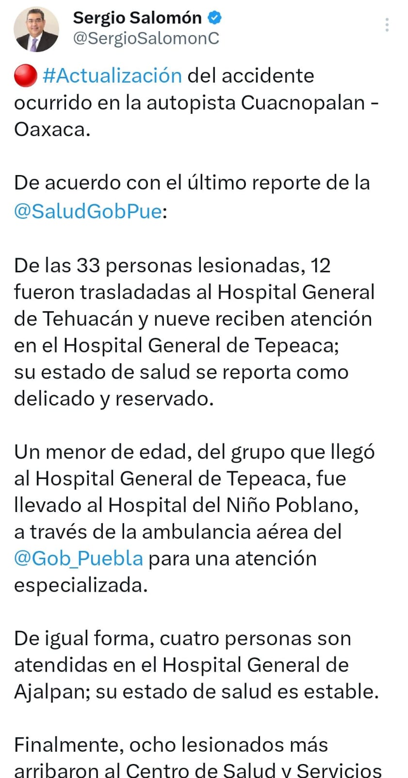 Sergio Salomón detalla que 9 personas lesionadas en Oaxaca están delicadas