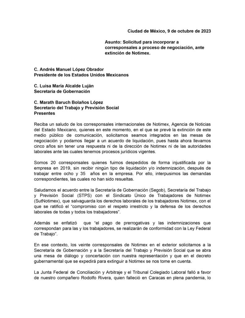 Piden corresponsales extranjeros de Notimex ser incluidos en el programa de liquidación