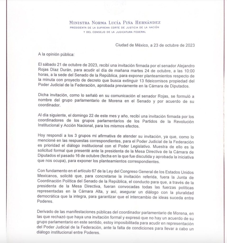 Norma Piña recula y no irá al senado