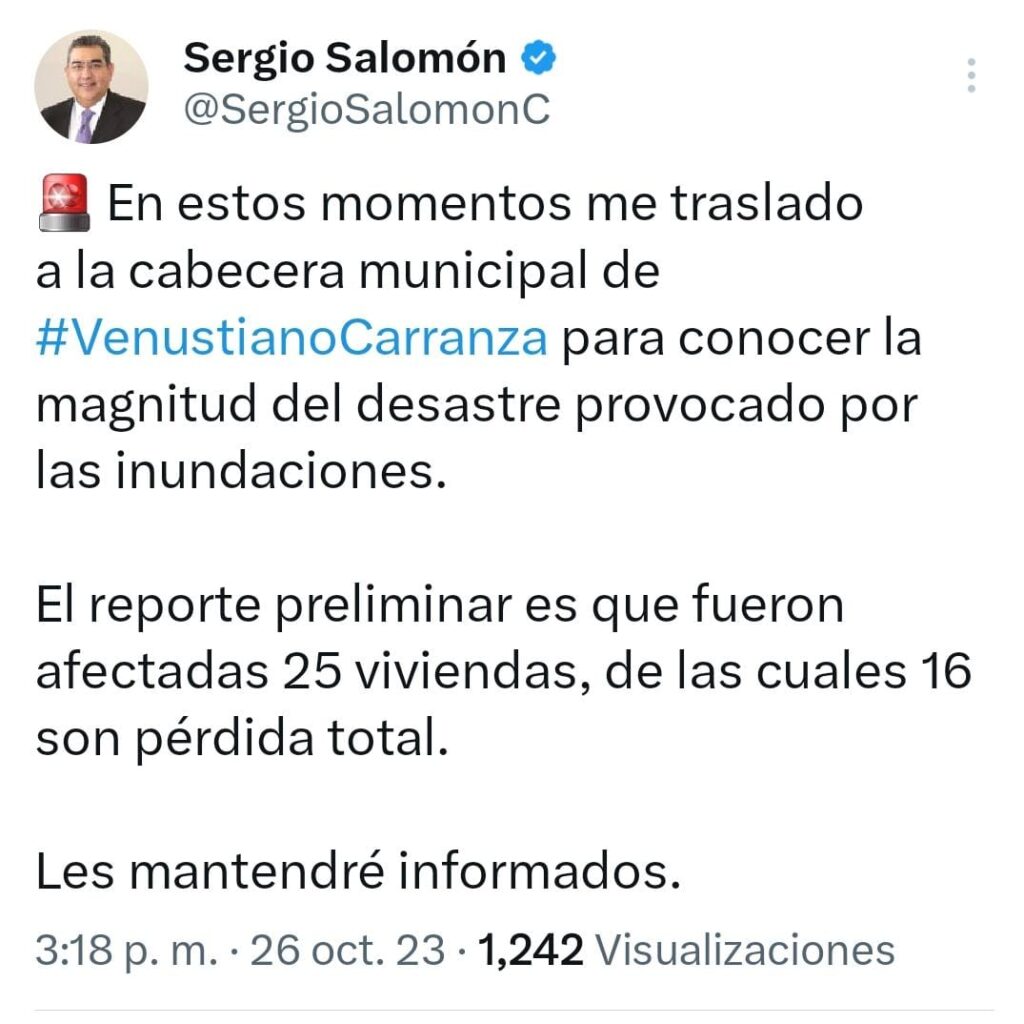 25 viviendas afectadas por inundaciones en Venustiano Carranza: Sergio Salomón