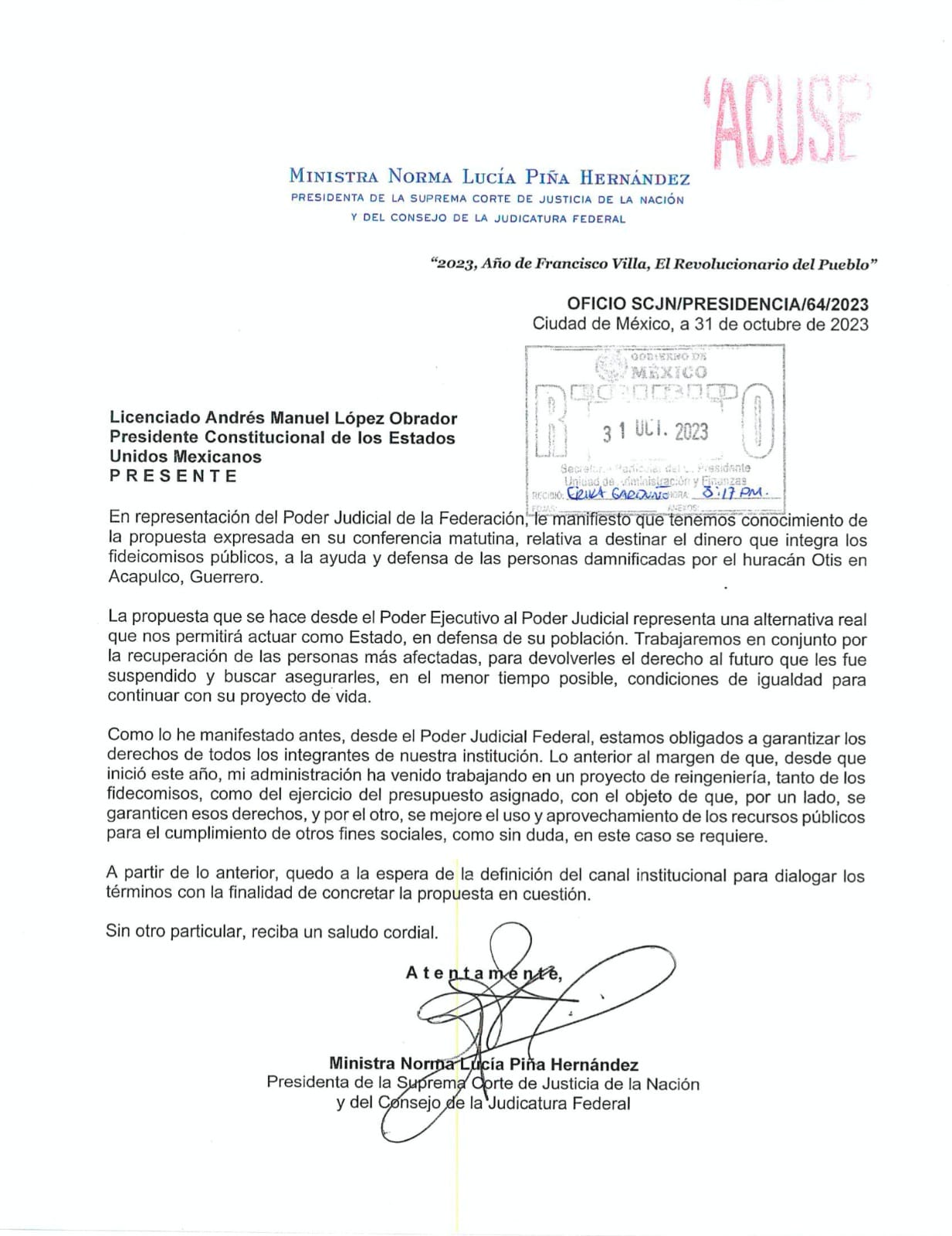 Piña Hernández acepta que parte del dinero de fideicomisos del PJF se destine a damnificados de Acapulco