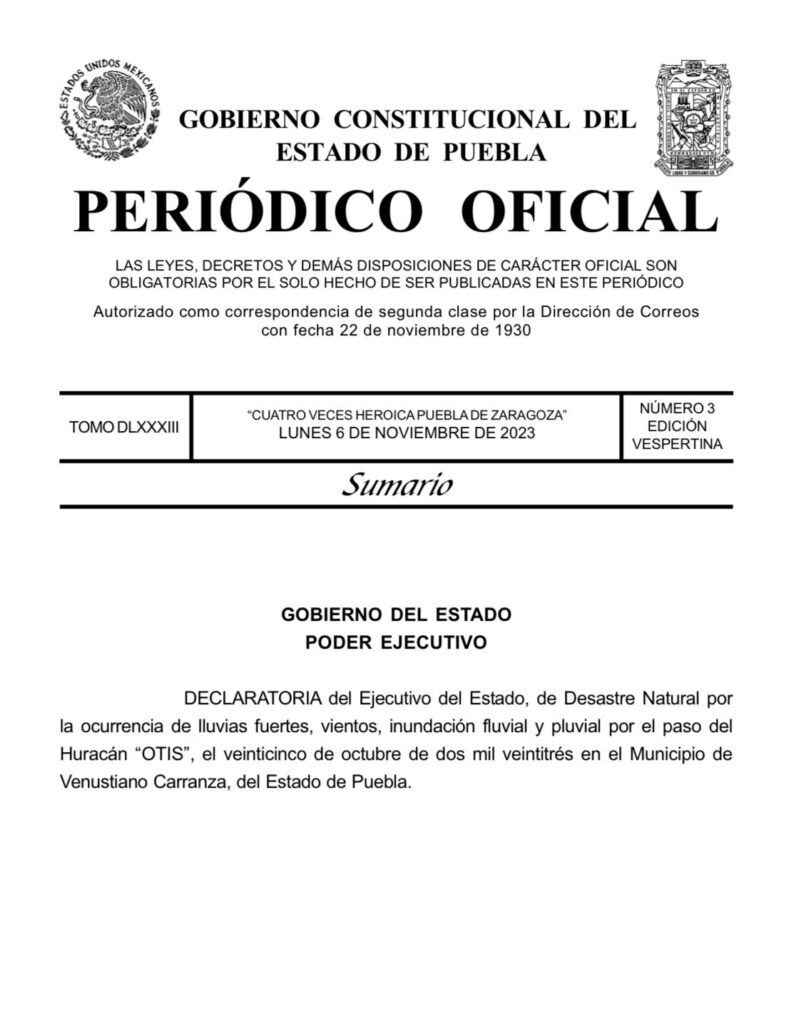 Emite gobierno de Puebla declaratoria por desastre natural en Venustiano Carranza 
