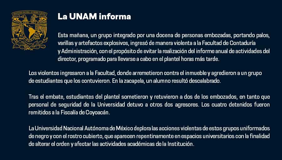 Alumnos lesionados por ataque a Contaduría y Administración, confirmó la UNAM