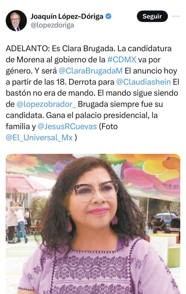 Adelanta López Dóriga que al gobierno de la CDMX iría Clara Brugada