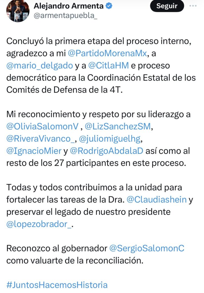 Alejandro Armenta agradeció a Morena por un proceso democrático 