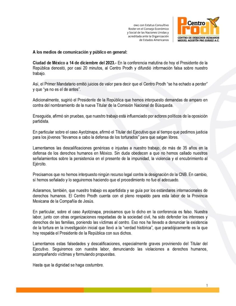 Centro Prodh responde a las acusaciones de AMLO
