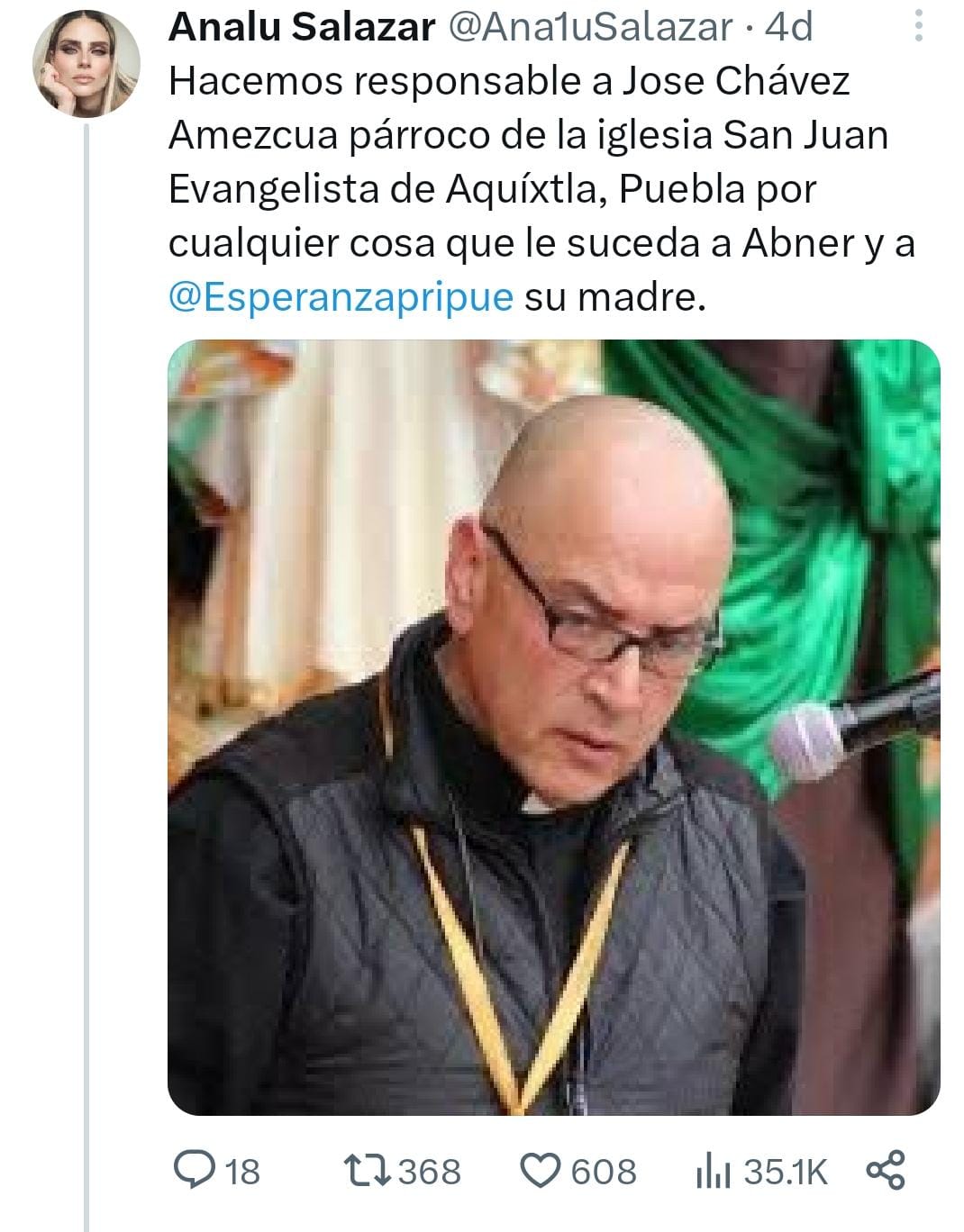 En redes sociales, señalan a Jose Chávez, párroco de la iglesia San Juan Evangelista, Aquíxtla, por presuntas amenazas a Abner y su mamá