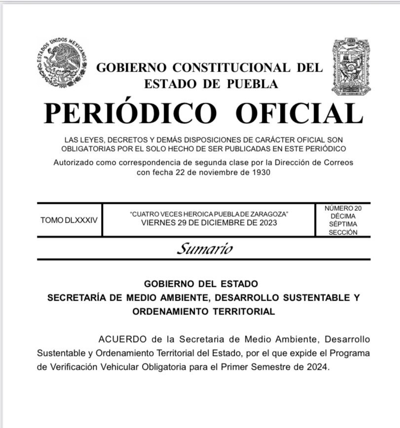 Calendario y costo de verificación 2024 en Puebla 